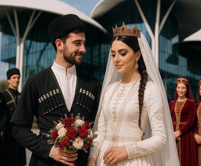 Заключение брака: молодожёны в национальной грузинской одежде на свадьбе перед Домом Юстиции в Тбилиси
